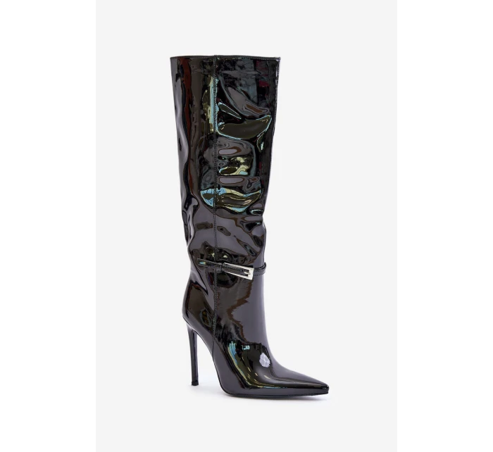 Laky boty zateplené na jehlovém podpatku s přezkou černé Tameliae