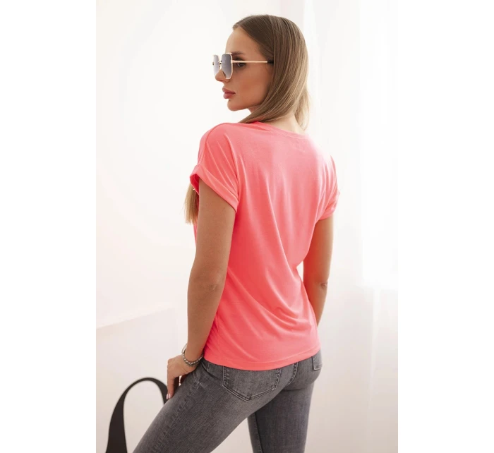 Dámská bavlněná halenka s ozdobným potiskem model 22014291 růžový neon - K-Fashion