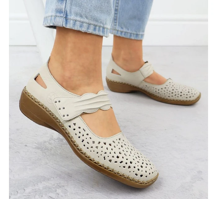 Dámská kožená prolamovaná obuv na suchý zip béžové barvy Rieker 41399-14