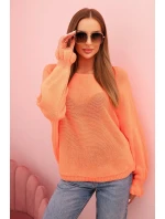 Svetr dámský z model 21266158 s nařasenými rukávy a výstřihem na zádech oranžový - K-Fashion Svetr dámský z model 21266158 s nařasenými rukávy a výstřihem na zádech oranžový - K-Fashion