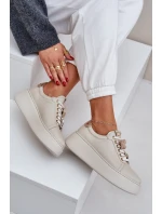 Dámské Kožené Tenisky Na Platformě S Ozdobami model 21683822 Světle Béžové - CheBello