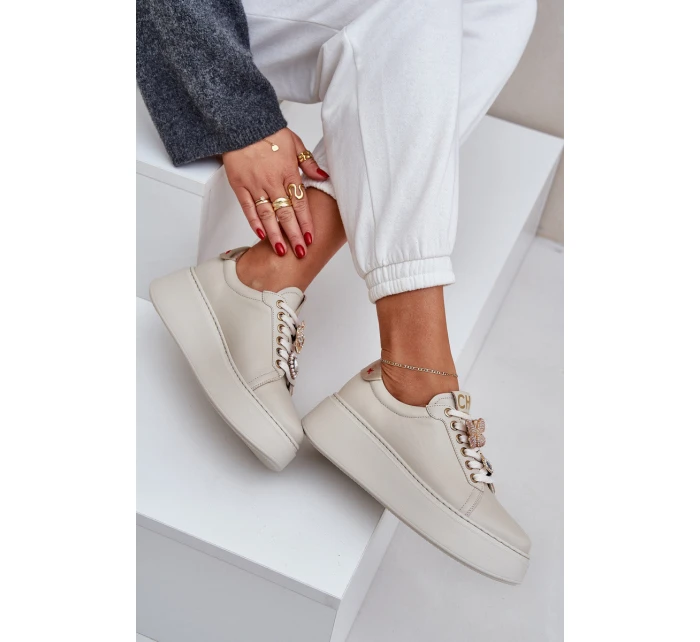 Dámské Kožené Tenisky Na Platformě S Ozdobami model 21683822 Světle Béžové - CheBello