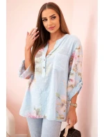 Dámská blůza z bavlny s květinovým vzorem a knoflíky modrý Dámská blůza z bavlny s květinovým vzorem a knoflíky modrý