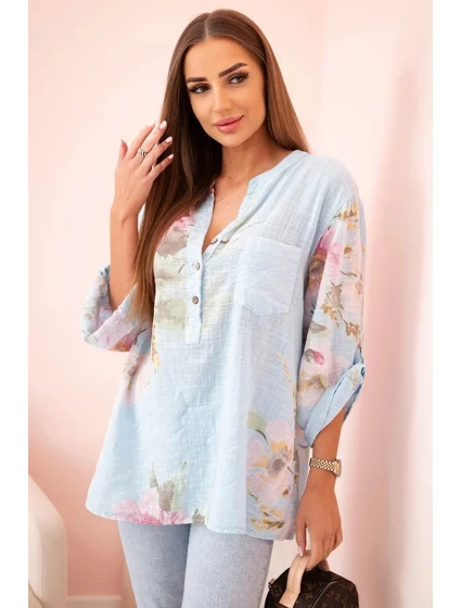 Dámská blůza z bavlny s květinovým vzorem a knoflíky modrý Dámská blůza z bavlny s květinovým vzorem a knoflíky modrý