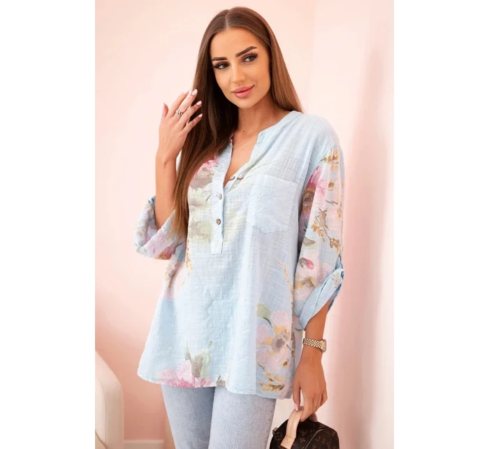 Dámská blůza z bavlny s květinovým vzorem a knoflíky modrý Dámská blůza z bavlny s květinovým vzorem a knoflíky modrý
