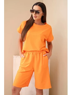 Dámský bavlněný komplet tričko s krátkým rukávem a kraťasy s gumou v pase oranžový