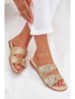 Lesklé zdobené pantofle s přezkami na plochém podpatku zlaté Tovira