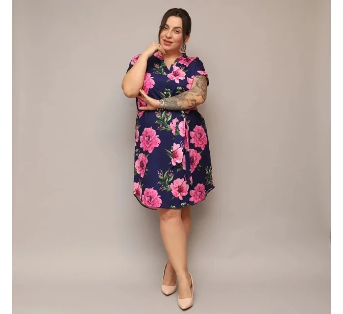 Tmavě modré dámské květované šaty s páskem (744)