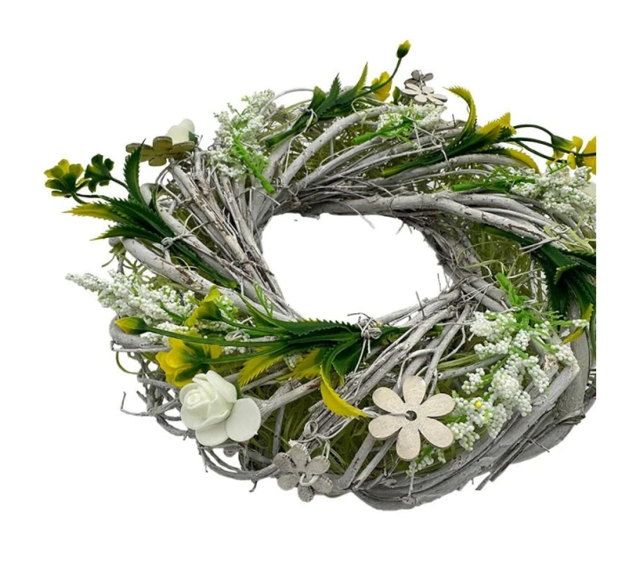 DEKORAČNÍ VĚNEC BÍLÝ A ZELENÝ S RŮŽEMI PRŮMĚR 24 CM