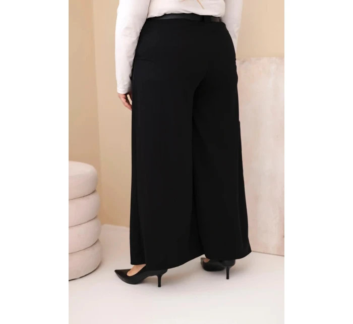 Dámské kalhoty Plus Size viskózové s širokou nohavicí a páskem černé Dámské kalhoty Plus Size viskózové s širokou nohavicí a páskem černé