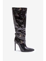 Lakované kozačky na jehlovém podpatku s přezkami černé model 21679210 - Boto