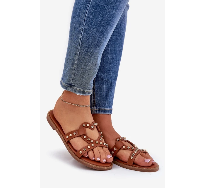 Zdobené Ploché Sandály Dámské Camel Adivrae Zdobené Ploché Sandály Dámské Camel Adivrae