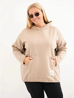 Dámská mikina Plus Size viskózová s kapucí a klokaní kapsou camelová