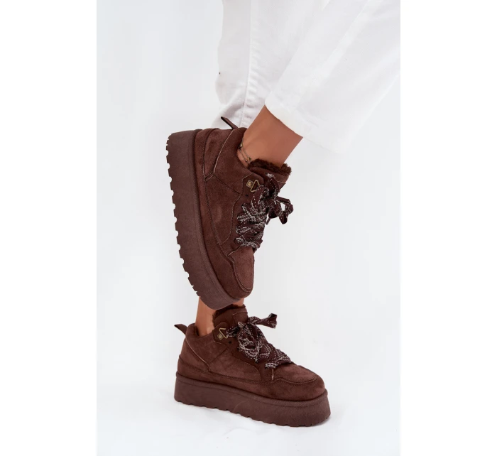 Šněrovací Zimní Boty Ženy Na Platformě Vyteplené Kožešinou Hnědé Tavelle