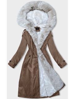 Hnědo-béžová dámská zimní bunda parka s kožešinou (B557-14046)