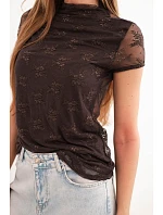 Dámská viskózová krajková halenka s krátkým rukávem a model 22048825 hnědá - K-Fashion
