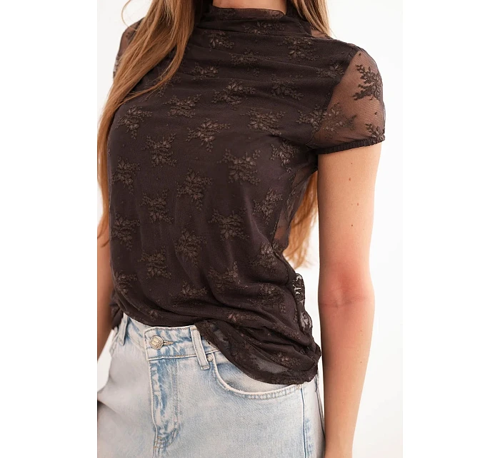 Dámská viskózová krajková halenka s krátkým rukávem a model 22048825 hnědá - K-Fashion