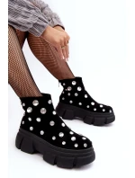 Kožené semišové zateplené obuv s krystaly D A Černé Damskie model 21636887 - S.Barski