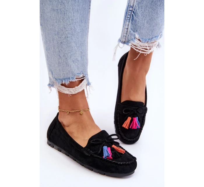 Semišové Mokasíny S Mašlí A Třásněmi Černá Dorine