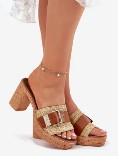 Kožené Dámské Sandály Na Podpatku S Přezkou A Pletením Hnědé Zazoo 40459