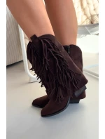 Dámské kotníkové kozačky – kovbojky se třásněmi na sloupku Gralina – čokoládové