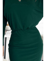 LARA - Dámské šaty v lahvově zelené barvě se stahovacími lemy na rukávech 399-2