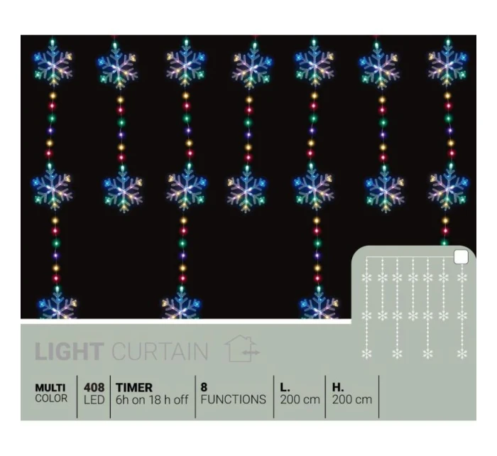 Světelný závěs na vánoční stromek 200x200 CM 408LED sněhové vločky MULTIKOLOR