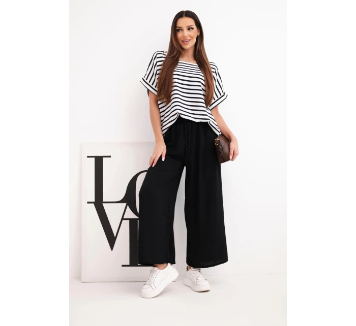 Dámská viskózová souprava s model 21951965 blůzou a širokými kalhotami s gumou černý - K-Fashion