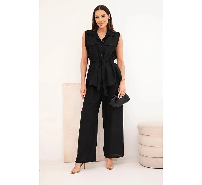 Dámský komplet s vázanou halenkou a širokými kalhotami černý