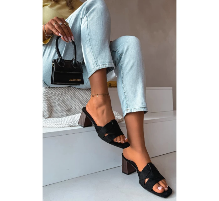 Dámské sandály na podpatku s pásky Eko semišové Černé model 21937775 - Boto