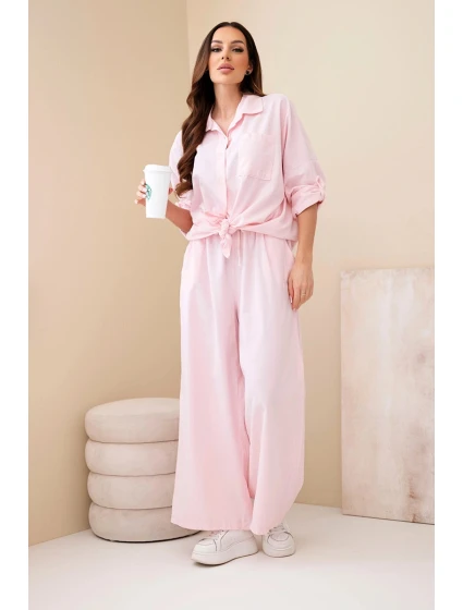 Dámský bavlněný komplet s košilí na zavazování a širokými nohavicemi pudrově růžová