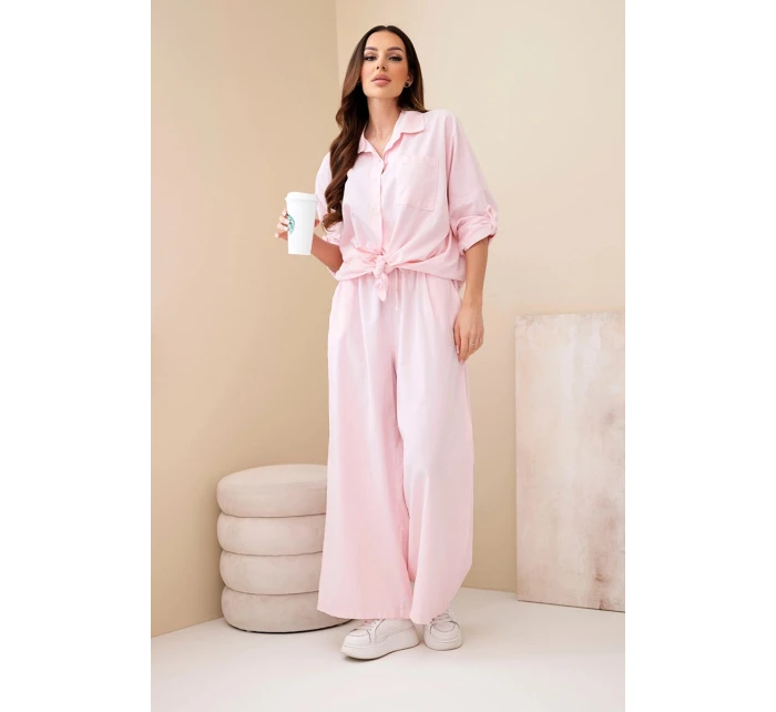 Dámský bavlněný komplet s košilí na zavazování a širokými nohavicemi pudrově růžová