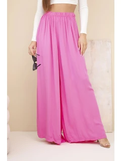 Dámské široké viskózové kalhoty s gumou v pase růžové