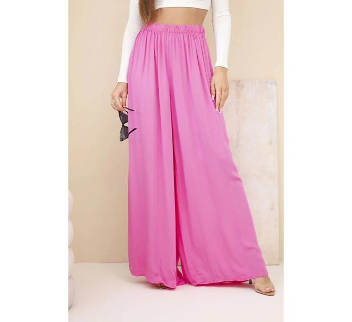 Dámské široké viskózové kalhoty s gumou v pase růžové Dámské široké viskózové kalhoty s gumou v pase růžové