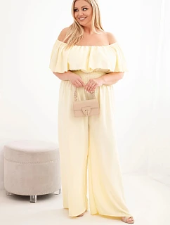 Dámská kombinéza Plus Size s odhalenými rameny, s volánem a širokými nohavicemi žlutý