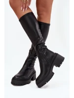 Dámské kozačky na masivním podpatku a platformě, nazouvací Florinne – černé Dámské kozačky na masivním podpatku a platformě, nazouvací Florinne – černé