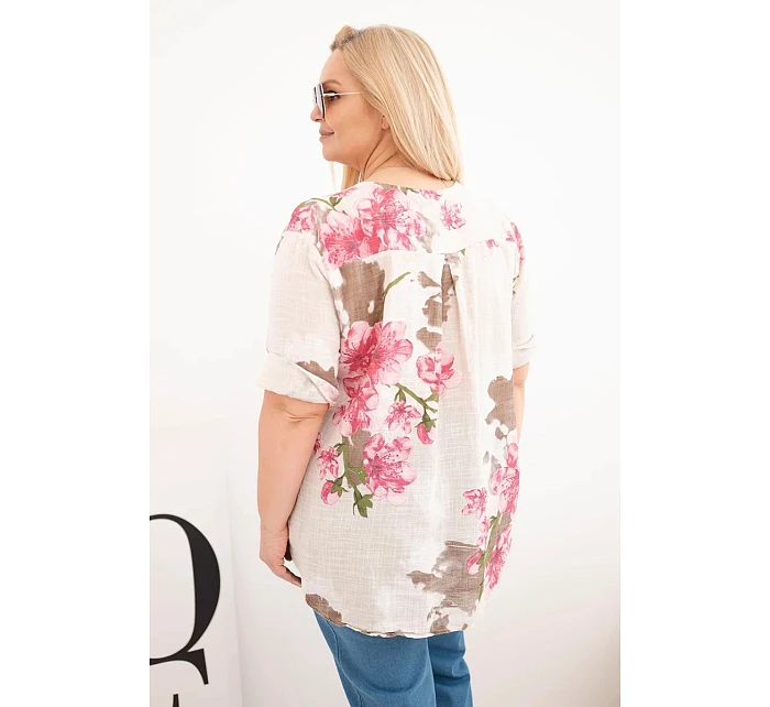 Dámská bavlněná halenka Plus Size s výstřihem do V s květinovým vzorem béžová