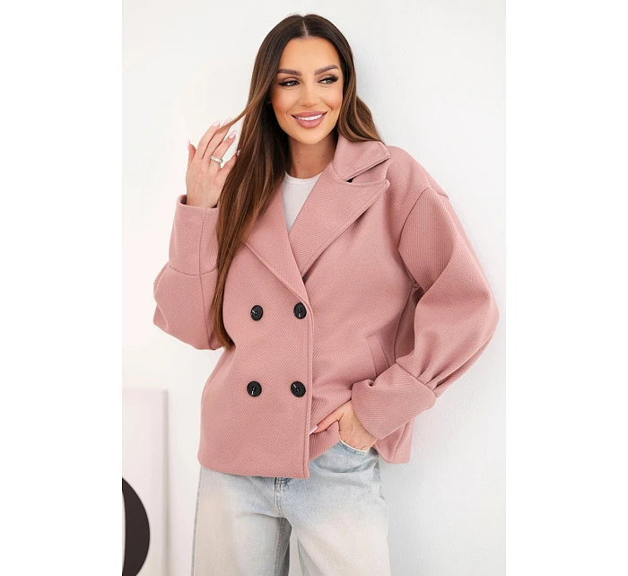 Dámská krátká dvojřadá bunda s límcem tmavě růžová