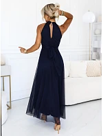 Elegantní maxi večerní šaty na ramínka s a zavazováním v pase tmavě modré model 22210933 - numoco basic