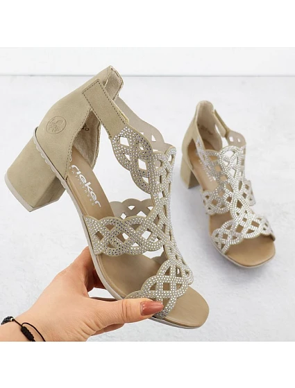 Dámské sandály na podpatku se zirkony v béžové barvě model 22096645 - Rieker