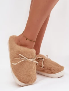 Dámské papuče s kožíškem a mašličkou – camel Minella