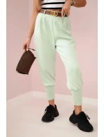 Kalhoty s páskem a kapsami z máslové látky tmavá máta Kalhoty s páskem a kapsami z máslové látky tmavá máta