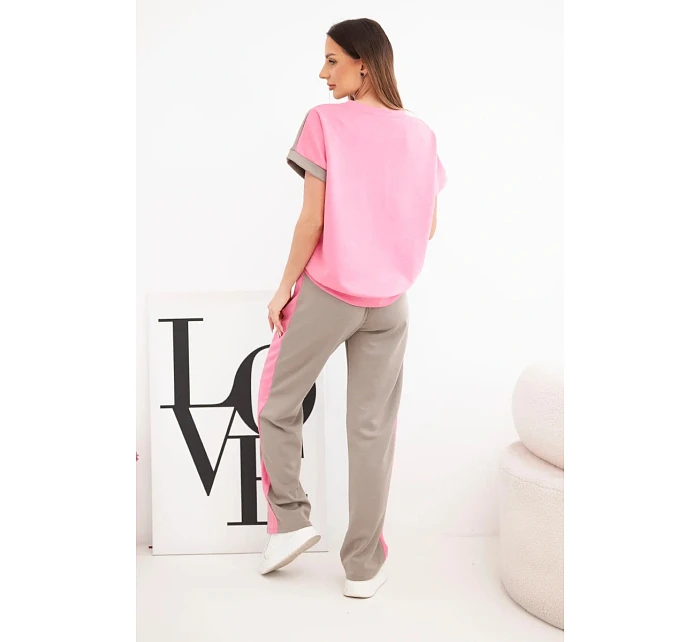 Dámský komplet máslový s oversize mikinou a širokými kalhotami růžový + fango Dámský komplet máslový s oversize mikinou a širokými kalhotami růžový + fango