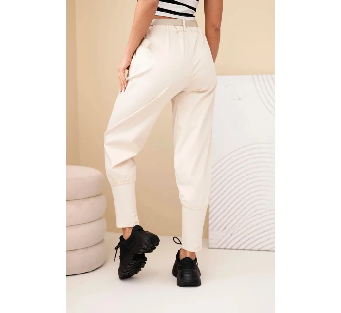 Dámské bavlněné kalhoty s vysokým pasem a páskem béžová