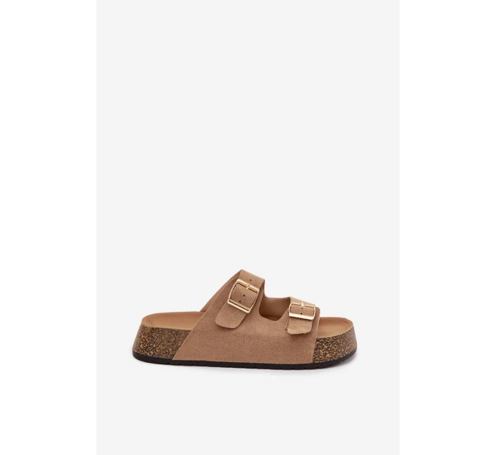 Dámské pantofle na korkové platformě se zlatými sponami tmavě béžové model 21919279 - EVENTO Dámské pantofle na korkové platformě se zlatými sponami tmavě béžové model 21919279 - EVENTO