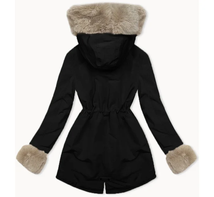 Černobéžová krátká zimní bunda parka s kožešinovou podšívkou model 21248762 - J.STYLE