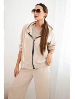 Dámský komplet máslový s širokými nohavicemi a mikinou na zip béžový