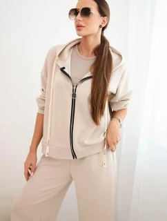Dámský komplet máslový s širokými nohavicemi a mikinou na zip béžový