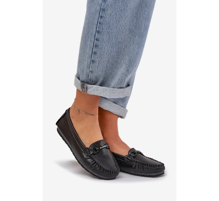 Ploché Kožené Mokasíny S Ozdobou model 21686042 Černé - S.Barski Ploché Kožené Mokasíny S Ozdobou model 21686042 Černé - S.Barski