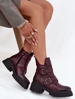 Dámské kožené kotníkové boty s přezkami a ozdobným detailem Zazoo – bordó